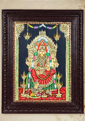 Goddess Mariamman On Kritimukha Throne Tanjore Painting With 24 Karat Gold Work