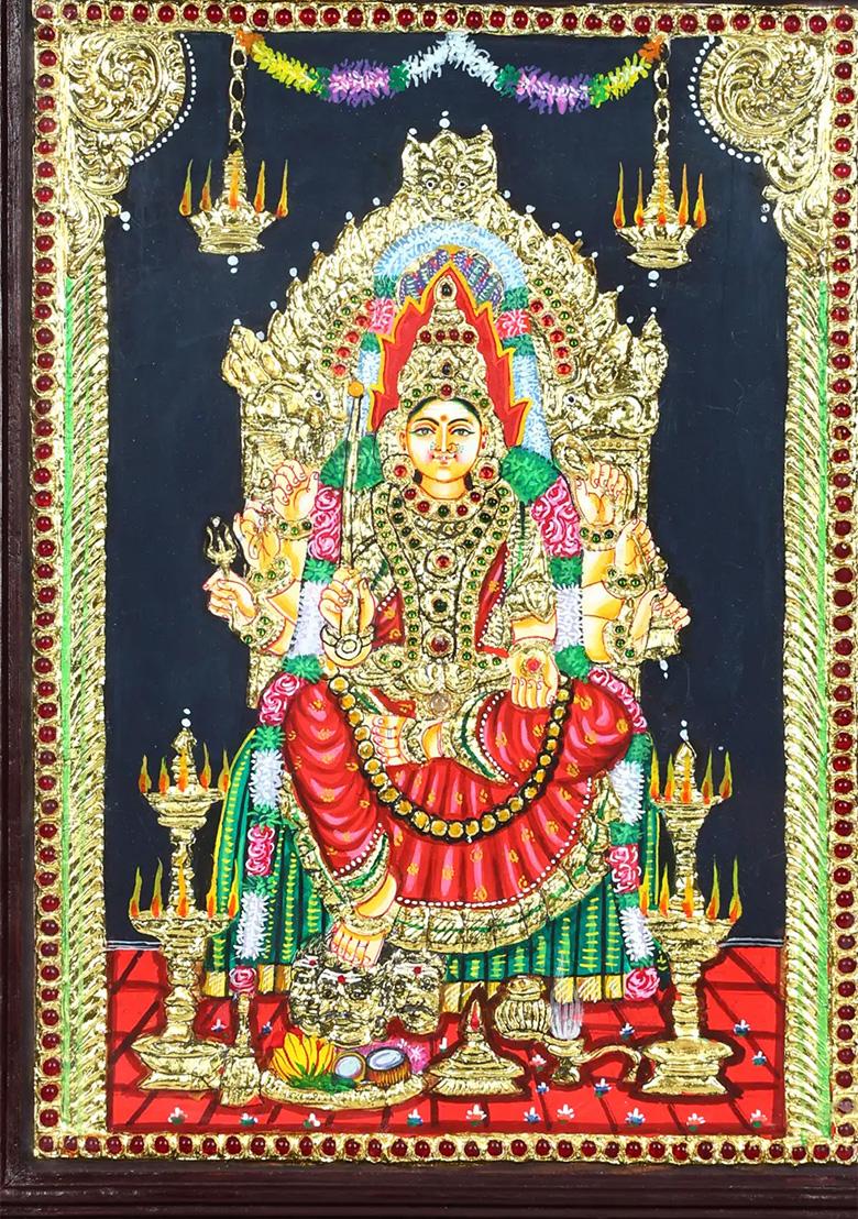 Goddess Mariamman On Kritimukha Throne Tanjore Painting With 24 Karat Gold Work