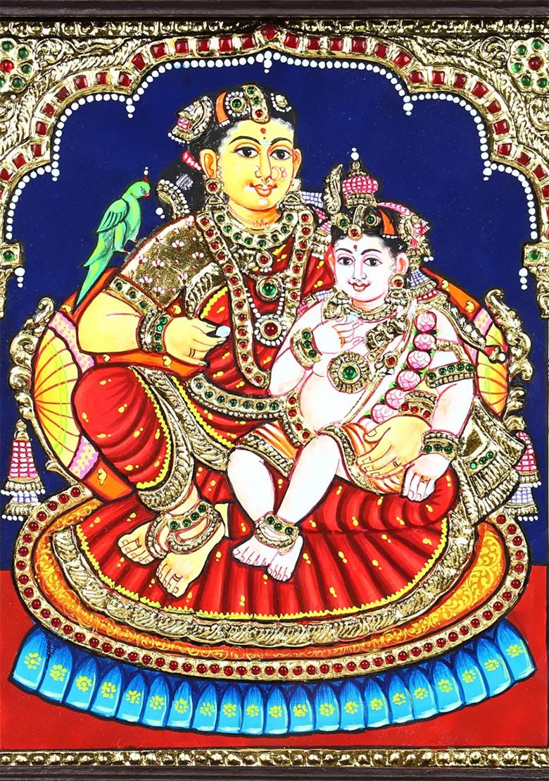 Baby Krishna With Mother Yashoda Tanjore Painting With 24 Karat Gold Work Indian Art