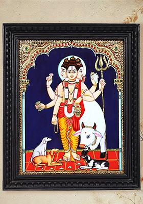 Lord Dattatreya With Cows Tanjore Painting 24 Karat Gold Work