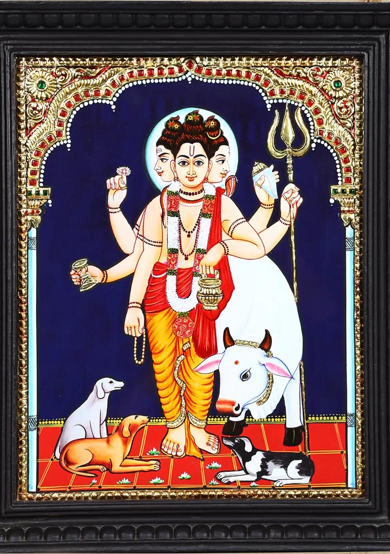 Lord Dattatreya With Cows Tanjore Painting 24 Karat Gold Work