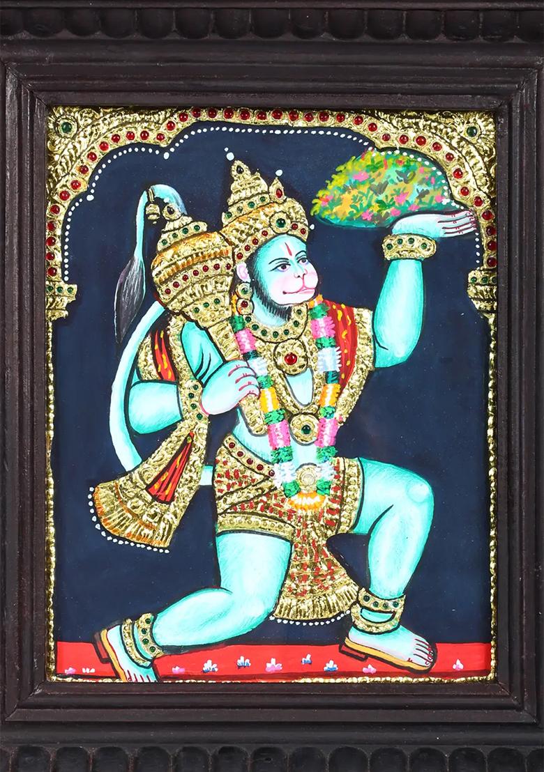 Lord Hanuman Tanjore Painting With 24 Karat Gold Work Devotional Art