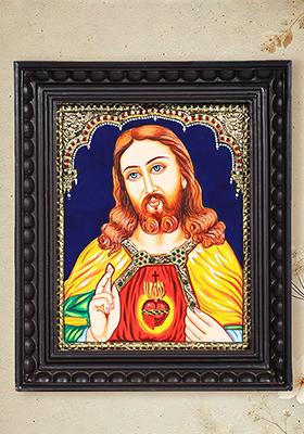 Heart Of Jesus Tanjore Painting With 24 Karat Gold Work Christian Art