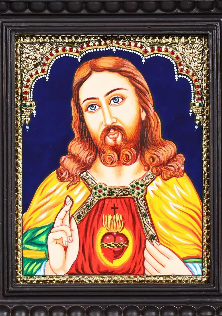 Heart Of Jesus Tanjore Painting With 24 Karat Gold Work Christian Art