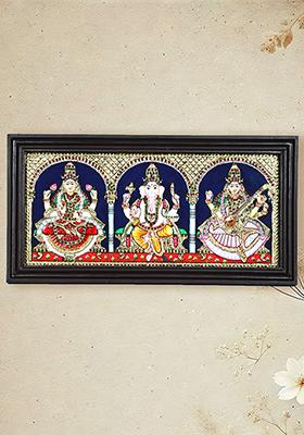 Lakshmi Ganesha Saraswati Tanjore Painting With 24 Karat Gold Work Spiritual Art