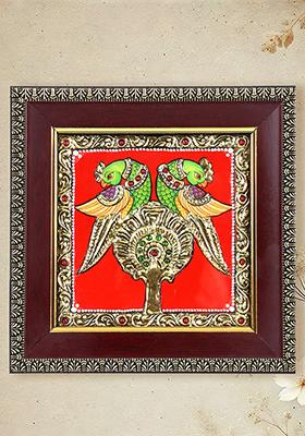 Divine Parrots Of Love Tanjore Painting With 24 Karat Gold Work Indian Art