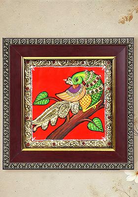 Beautiful Parrot Tanjore Painting With 24 Karat Gold Work Indian Art