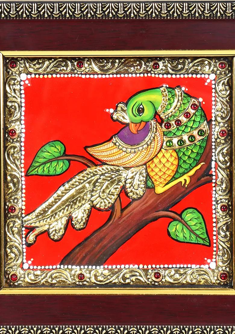 Beautiful Parrot Tanjore Painting With 24 Karat Gold Work Indian Art