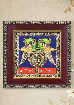 Pair Of Parrots Tanjore Painting With 24 Karat Gold Work Indian Art