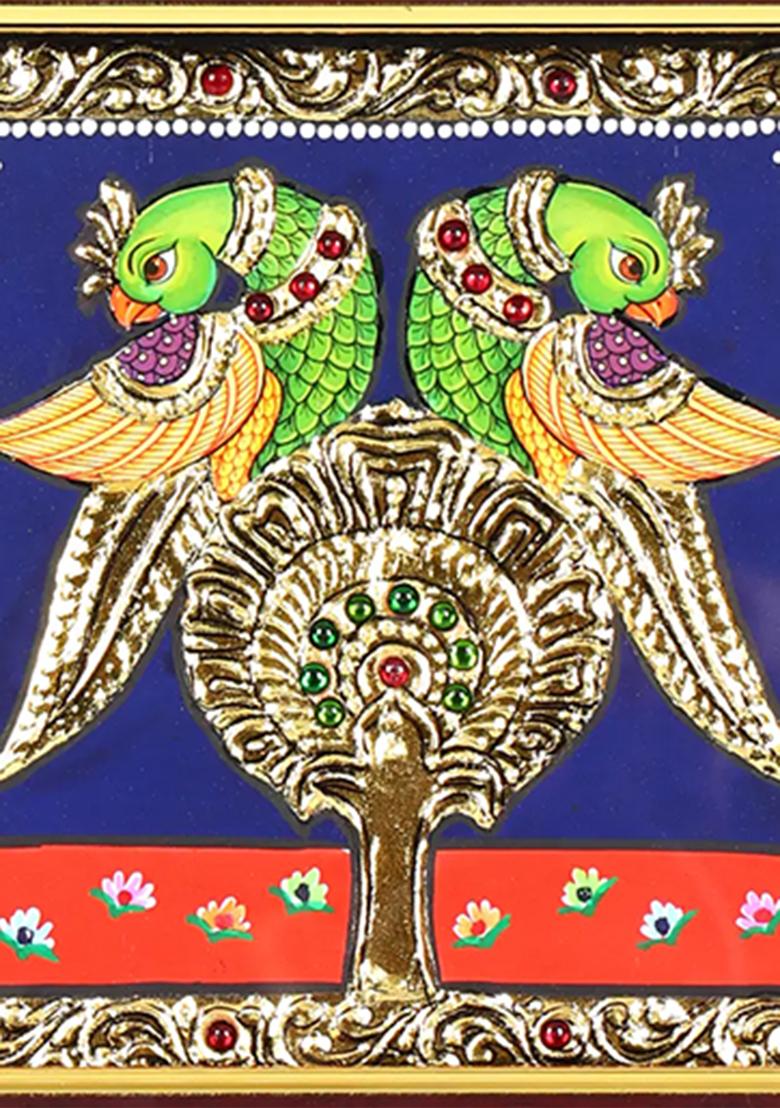Pair Of Parrots Tanjore Painting With 24 Karat Gold Work Indian Art