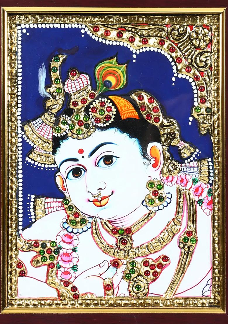 Divine Lord Krishna Tanjore Painting With 24 Karat Gold Detailing Indian Art