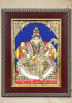 Goddess Saraswati With Attendants Tanjore Painting With 24 Karat Gold Work Indian Art