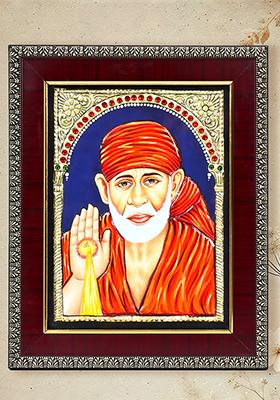 Blessing Sai Baba Tanjore Painting With 24 Karat Gold Work Spiritual Indian Art
