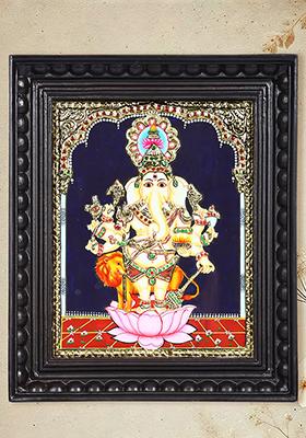 Divine Drishti Ganesha Tanjore Painting 24K Gold Work Wall Decor