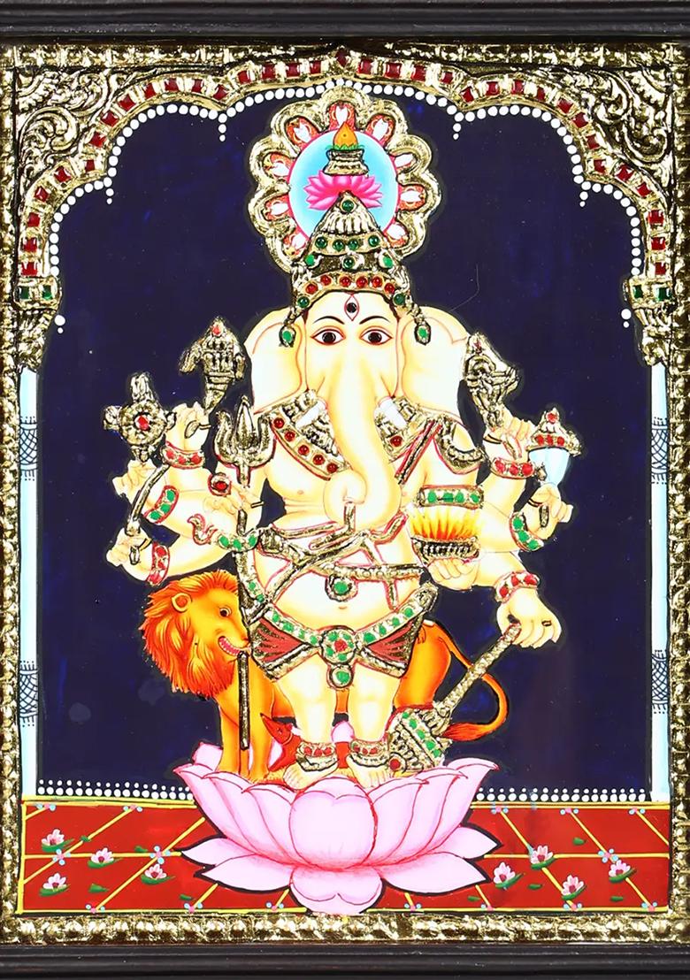 Divine Drishti Ganesha Tanjore Painting 24K Gold Work Wall Decor