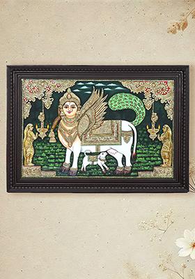 Goddess Kamadhenu With Calf Tanjore Painting 24K Gold Work Wall Art