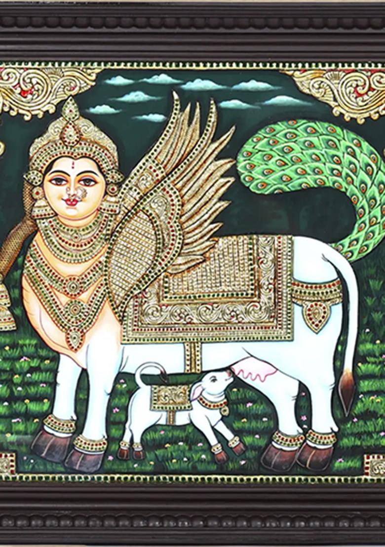 Goddess Kamadhenu With Calf Tanjore Painting 24K Gold Work Wall Art