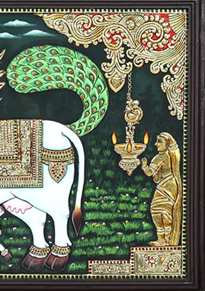 Goddess Kamadhenu With Calf Tanjore Painting 24K Gold Work Wall Art