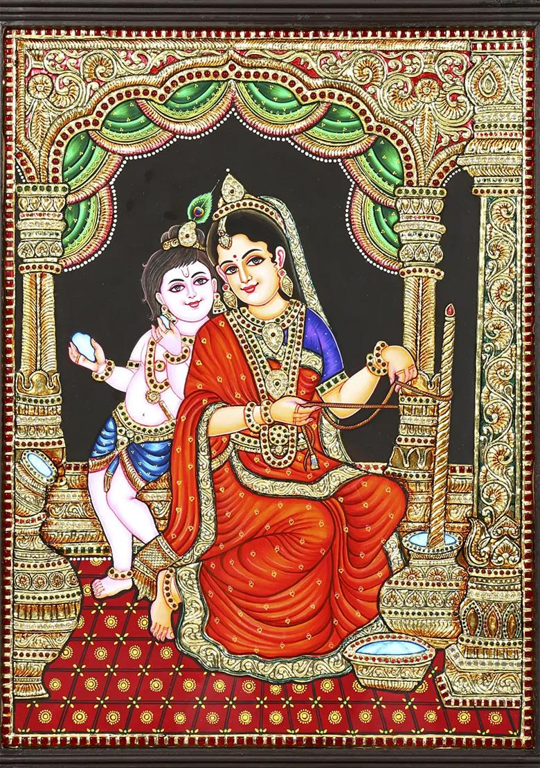 Bal Gopal With Yashoda Maiya Tanjore Painting 24K Gold Work Krishna Artwork