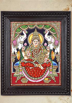 Divine Goddess Gajalakshmi Tanjore Painting 24K Gold Work Wall Art