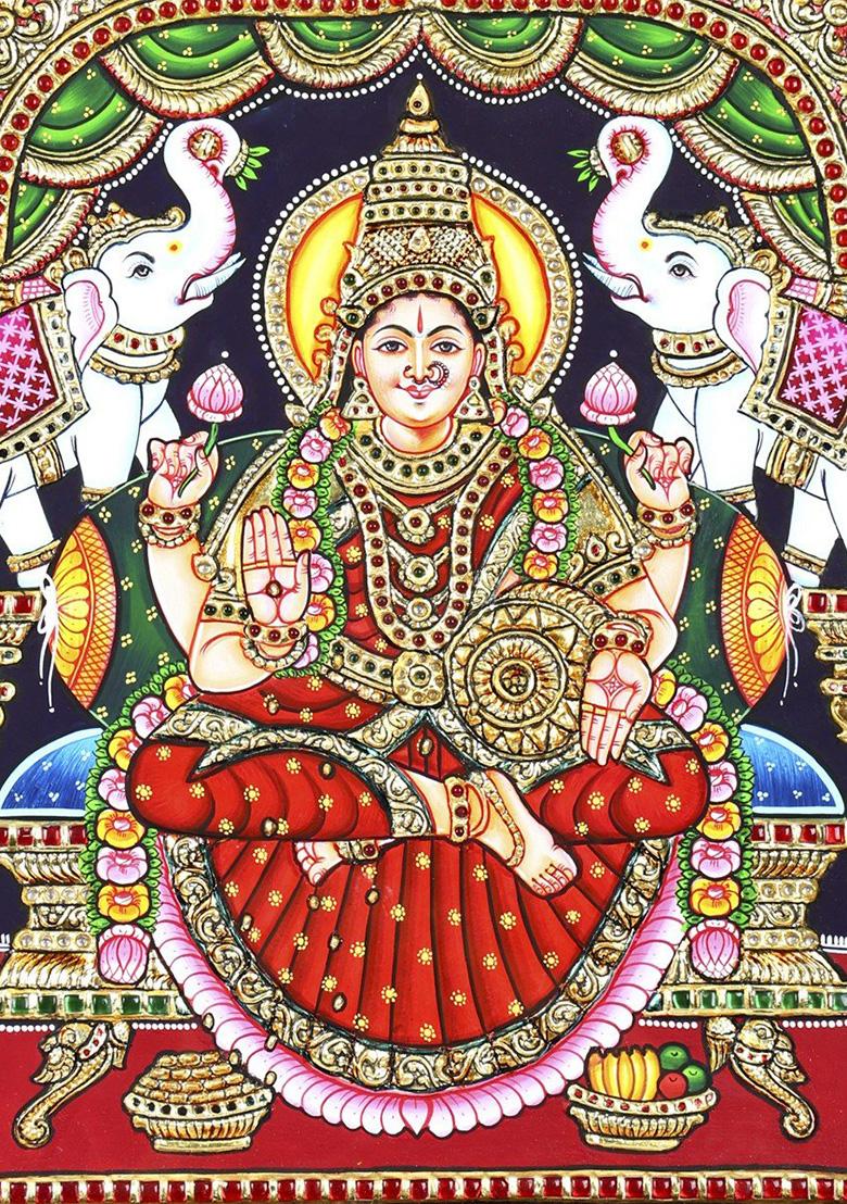 Divine Goddess Gajalakshmi Tanjore Painting 24K Gold Work Wall Art