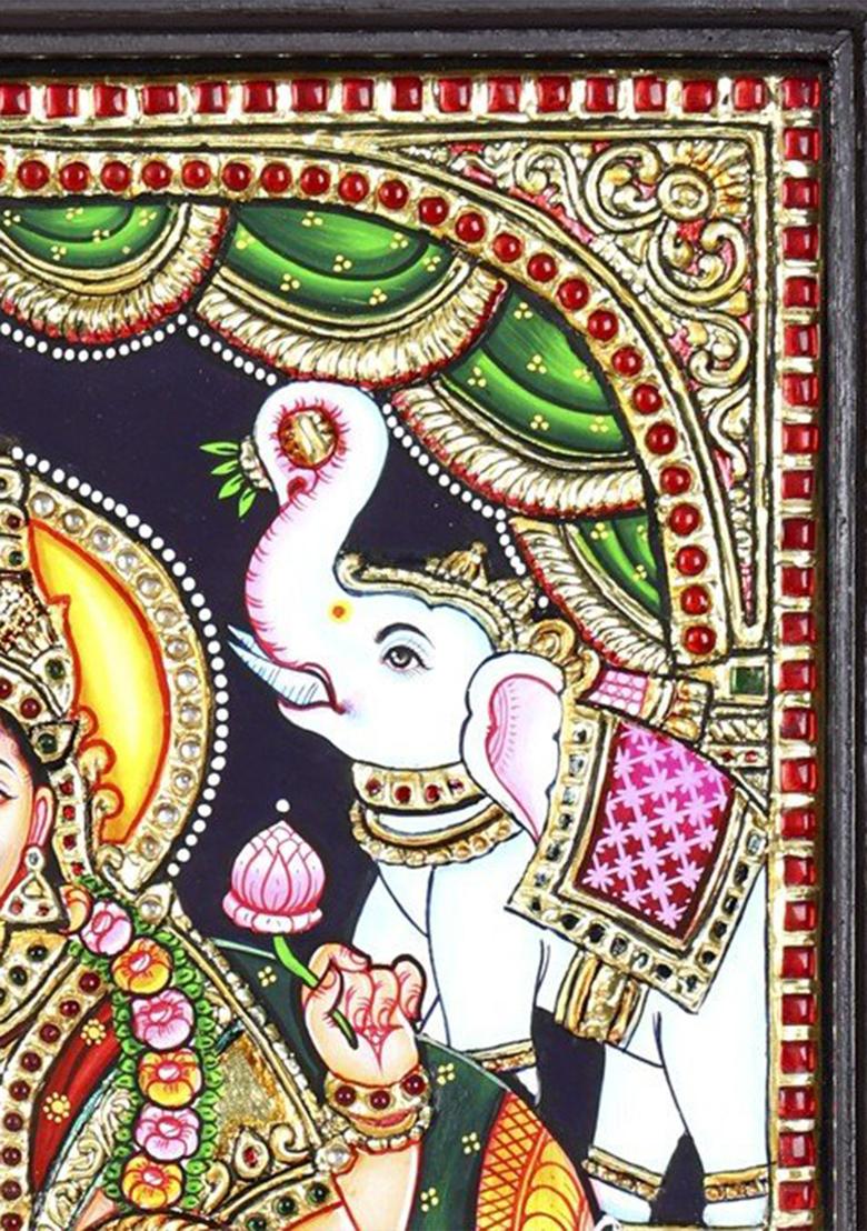 Divine Goddess Gajalakshmi Tanjore Painting 24K Gold Work Wall Art