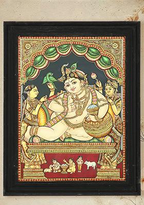 Playful Makhan Chor Krishna 24K Gold Tanjore Masterpiece