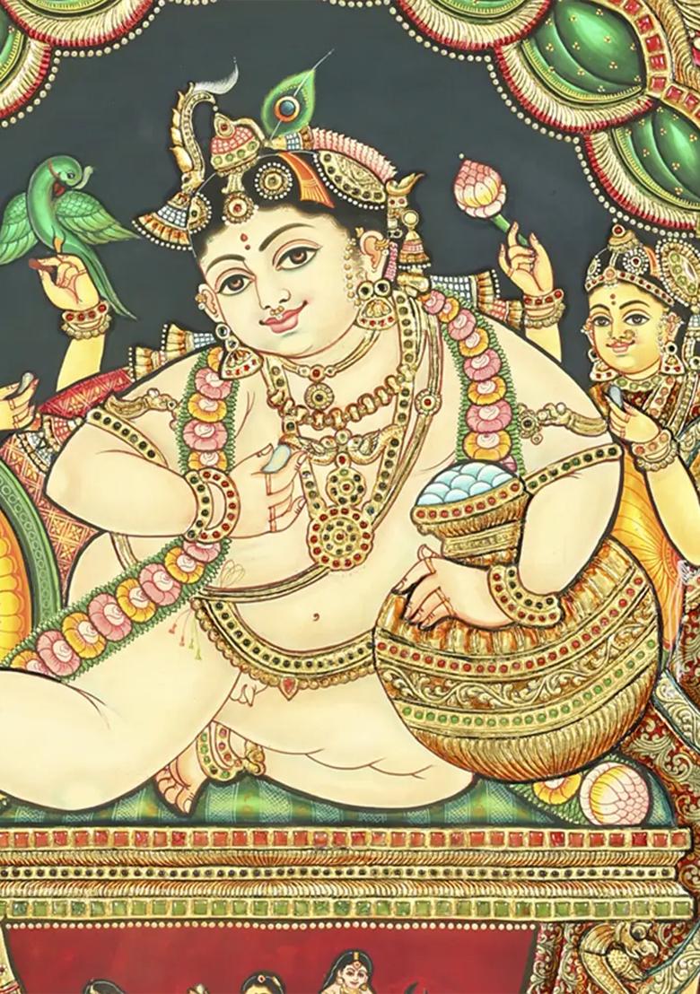 Playful Makhan Chor Krishna 24K Gold Tanjore Masterpiece