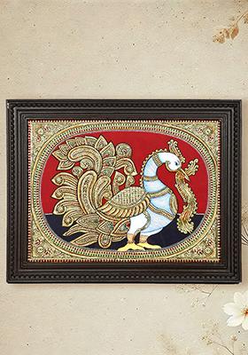 Majestic Peacock With Elegant Tail 24K Gold Tanjore Painting