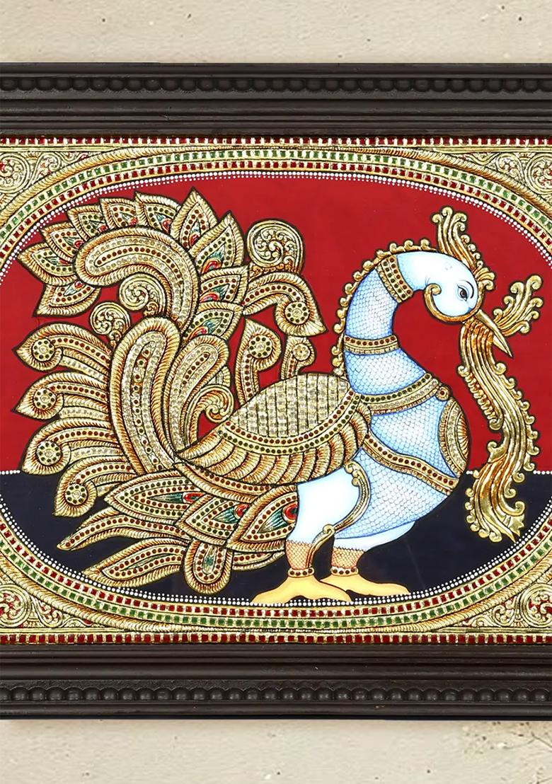 Majestic Peacock With Elegant Tail 24K Gold Tanjore Painting