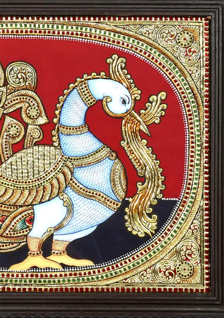 Majestic Peacock With Elegant Tail 24K Gold Tanjore Painting