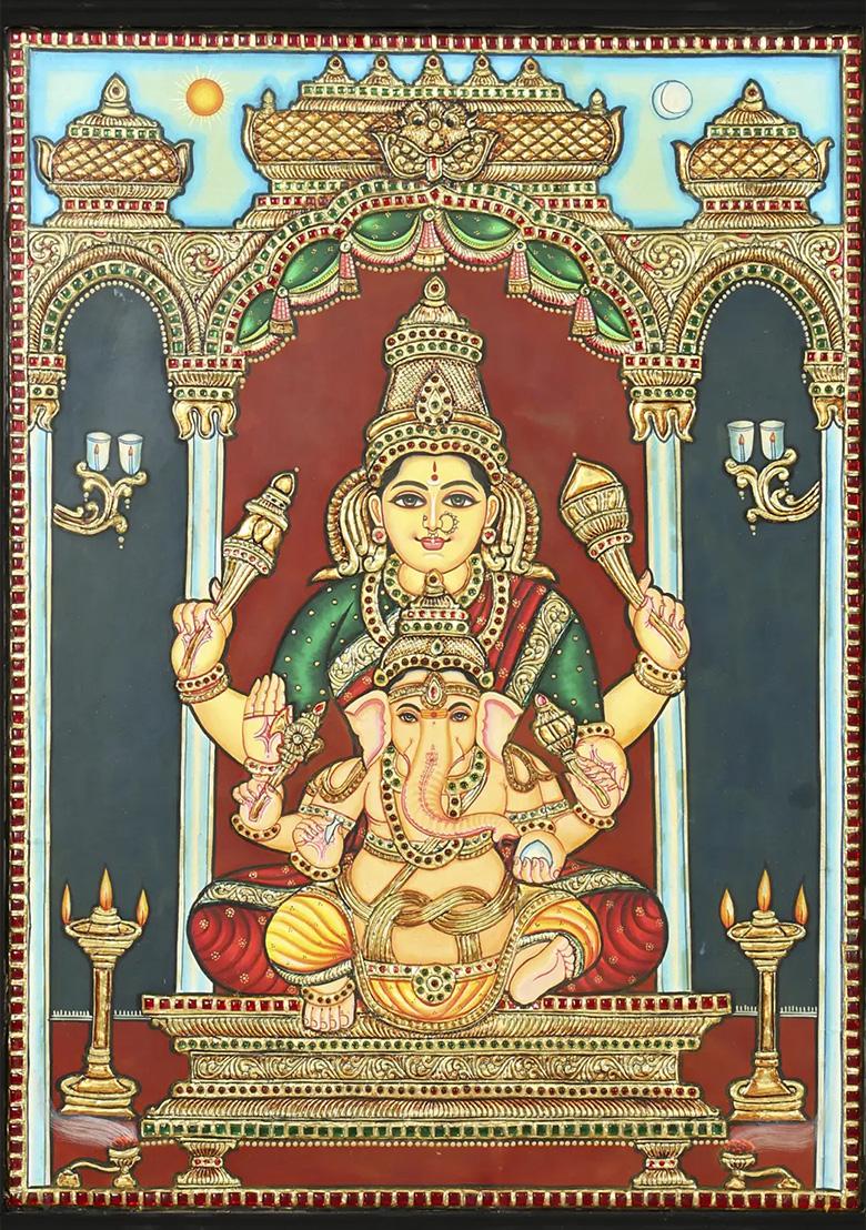 Lord Ganesha With Devi Lakshmi 24K Gold Tanjore Painting