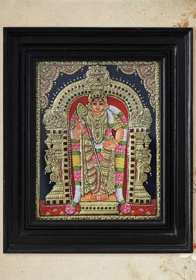 Lord Karttikeya On Kirtimukha Throne 24K Gold Tanjore Painting