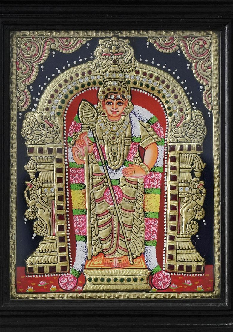 Lord Karttikeya On Kirtimukha Throne 24K Gold Tanjore Painting