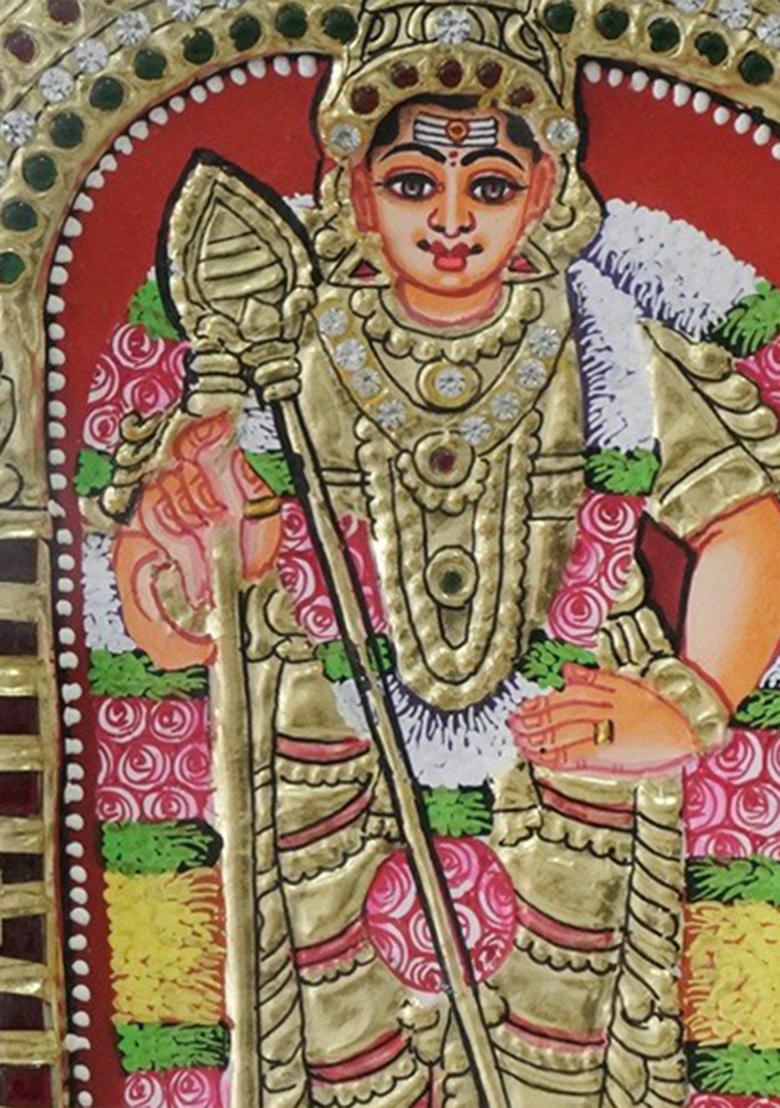 Lord Karttikeya On Kirtimukha Throne 24K Gold Tanjore Painting