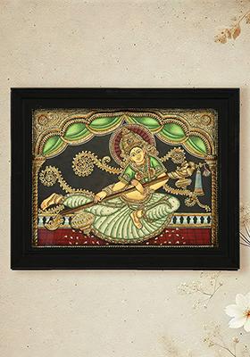 Exquisite Indonesian Saraswati 24K Gold Tanjore Painting