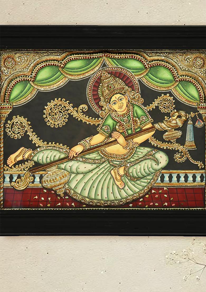Exquisite Indonesian Saraswati 24K Gold Tanjore Painting