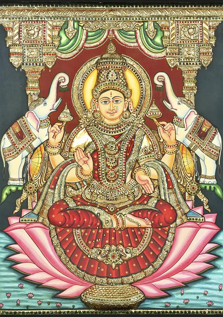 Graceful Goddess Gajalakshmi 24K Gold Tanjore Painting
