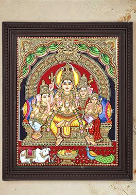 Divine Lord Shiva Family 24K Gold Tanjore Painting