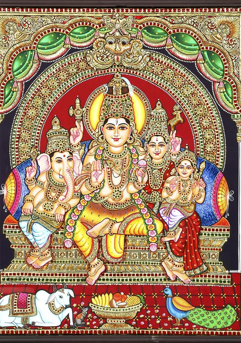Divine Lord Shiva Family 24K Gold Tanjore Painting