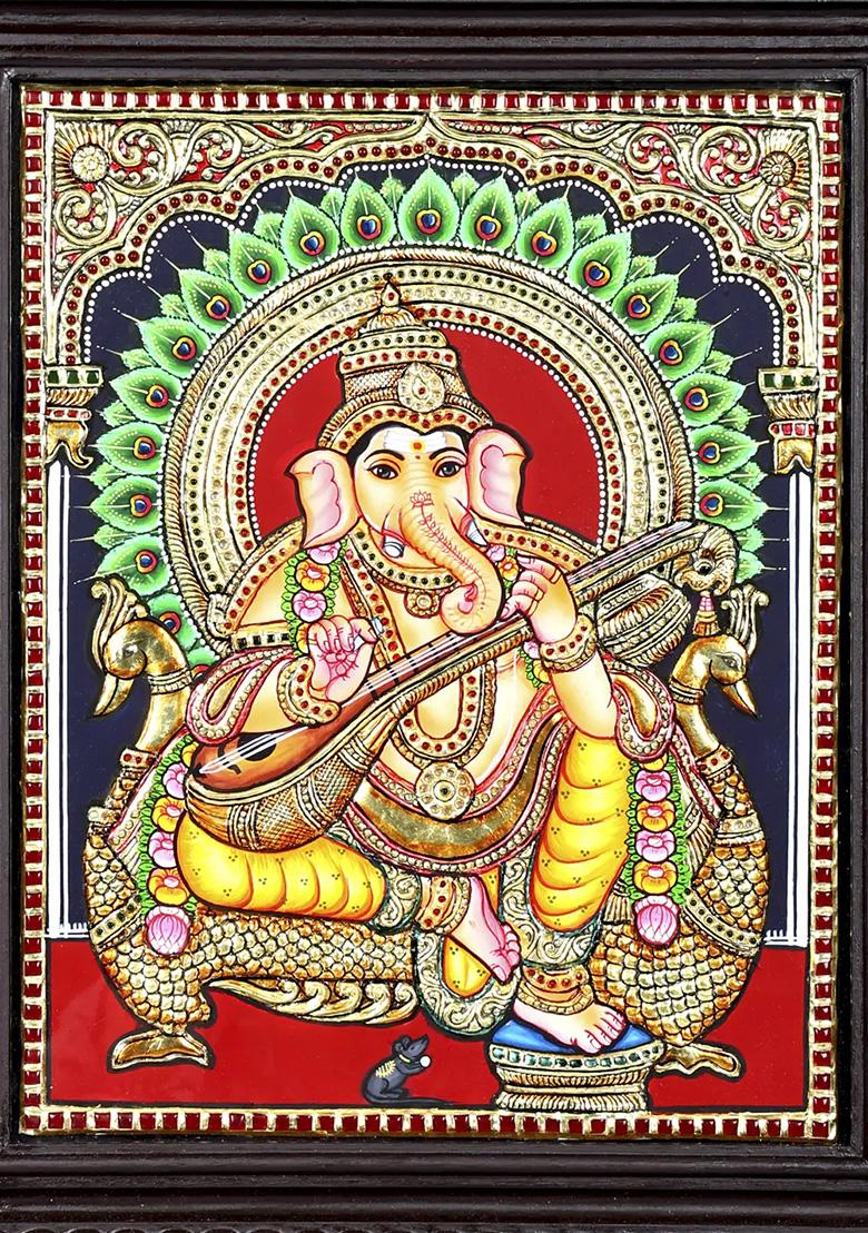 Lord Ganesha On Peacock Throne 24K Gold Tanjore Painting