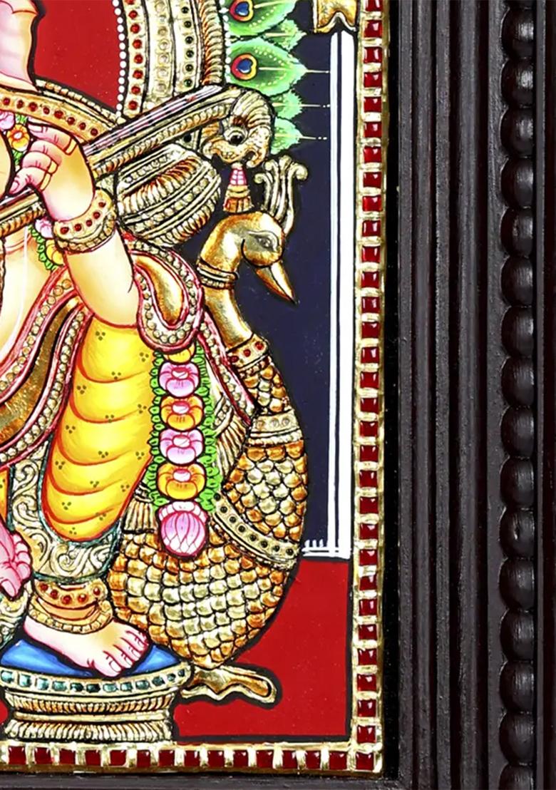 Lord Ganesha On Peacock Throne 24K Gold Tanjore Painting
