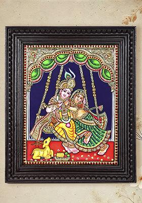 Eternal Love Of Radha Krishna On Swing 24K Gold Tanjore Painting