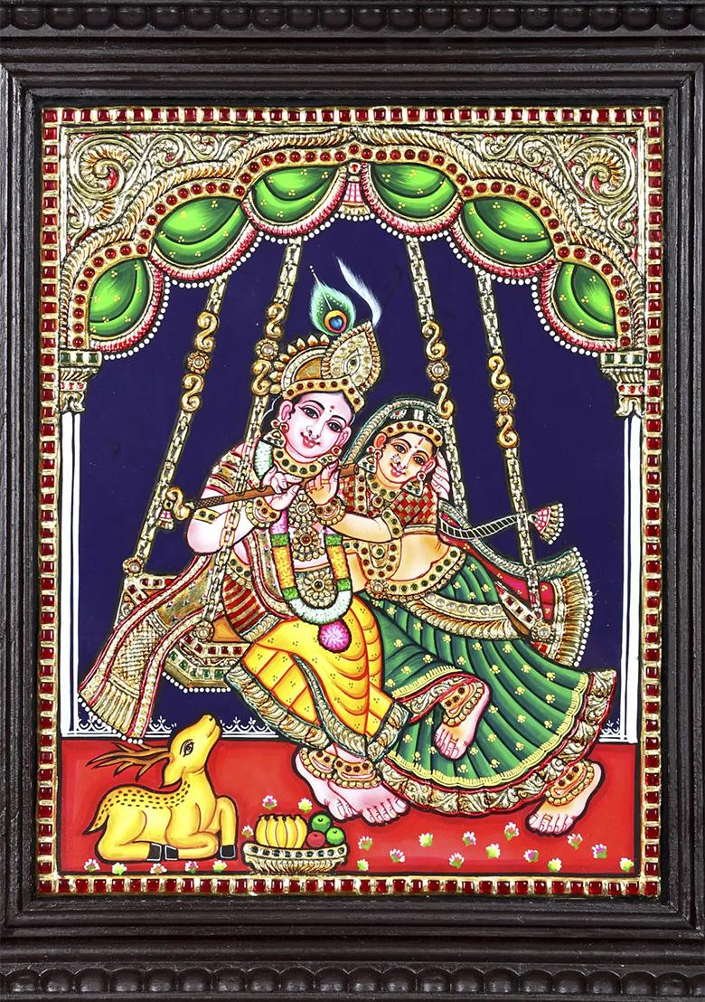 Eternal Love Of Radha Krishna On Swing 24K Gold Tanjore Painting