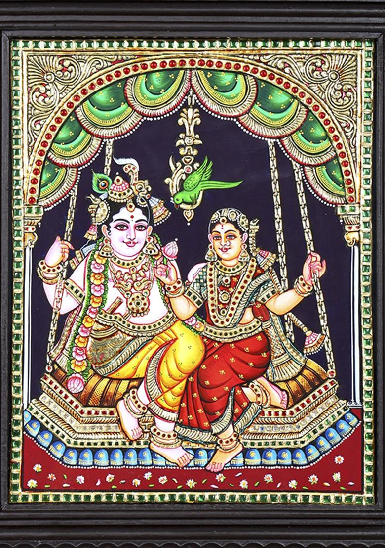 Divine Radha Krishna On Swing 24K Gold Tanjore Painting