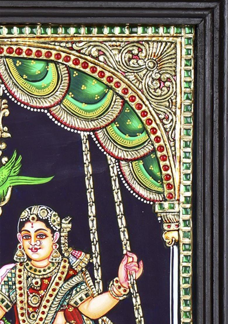 Divine Radha Krishna On Swing 24K Gold Tanjore Painting