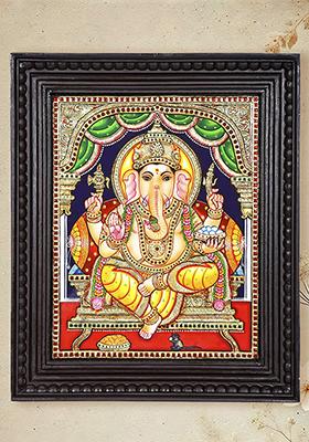 Blessing Lord Ganesha On Throne 24K Gold Tanjore Painting
