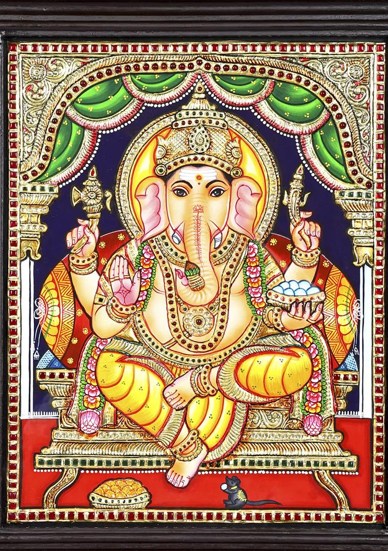 Blessing Lord Ganesha On Throne 24K Gold Tanjore Painting