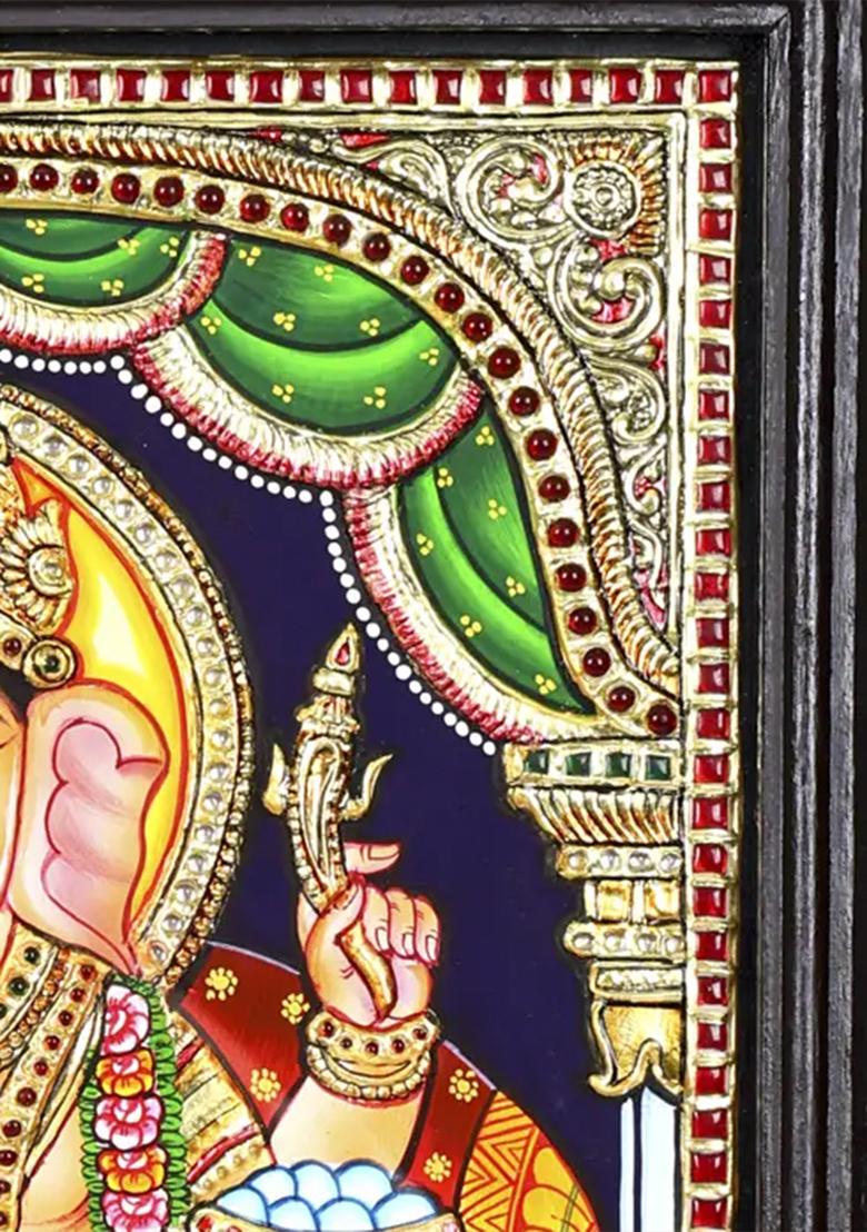 Blessing Lord Ganesha On Throne 24K Gold Tanjore Painting