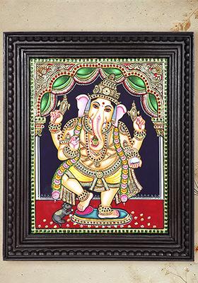 Dancing Lord Ganesha 24K Gold Tanjore Painting